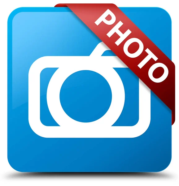 Photo (camera icon) cyan blue square button red ribbon in corner — Stock Photo, Image