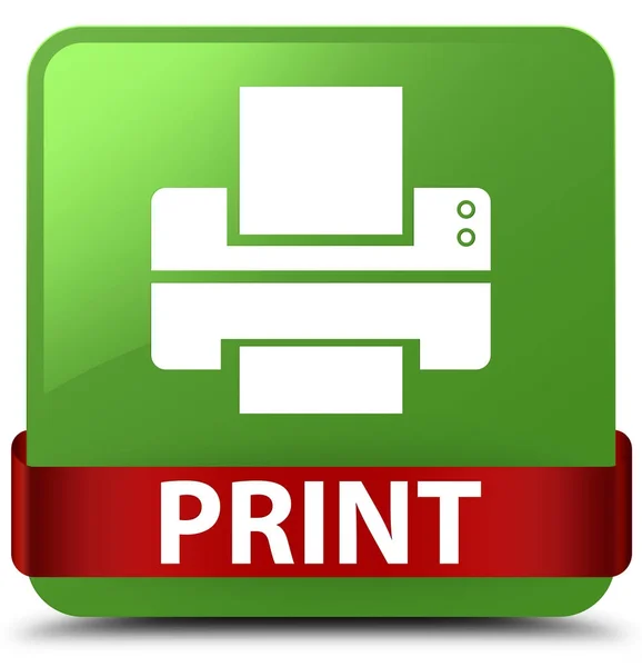 Imprimir (ícone da impressora) macio verde quadrado botão fita vermelha no meio — Fotografia de Stock
