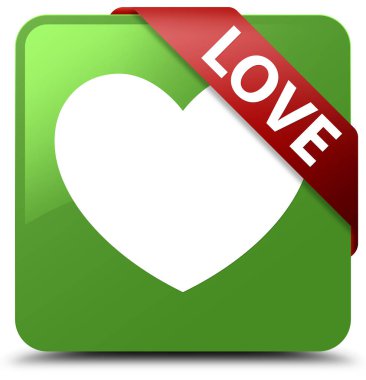 Yumuşak yeşil kare düğme kırmızı kurdele köşesindeki seviyorum