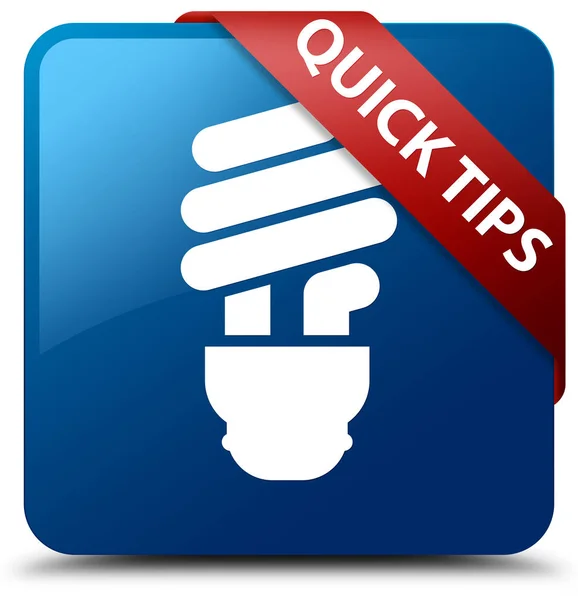 Quick tips (bulb icon) blue square button red ribbon in corner — Stock Photo, Image