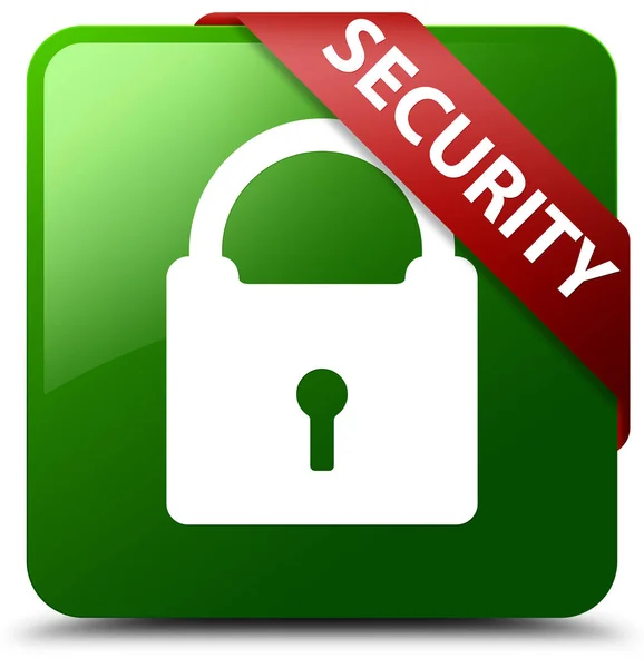 Security (padlock icon) green square button red ribbon in corner — Stock Photo, Image