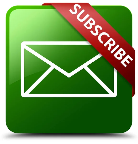 Subscribe (email icon) green square button red ribbon in corner — Stock Photo, Image