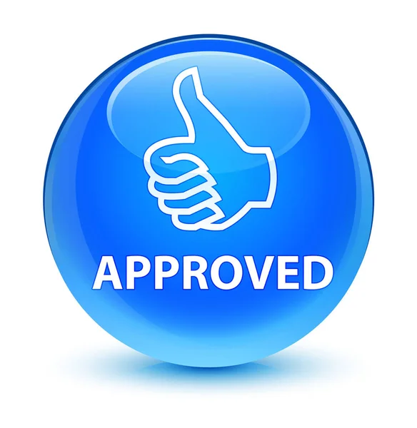 Approved (thumbs up icon) glassy cyan blue round button — Stock Photo, Image