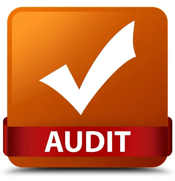 Audit (validate icon) brown square button red ribbon in middle — Stock Photo, Image