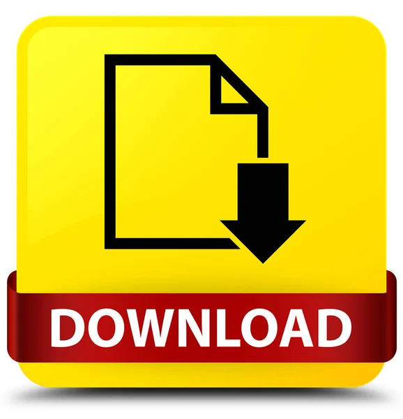 Baixar (ícone do documento) amarelo quadrado botão fita vermelha no meio — Fotografia de Stock