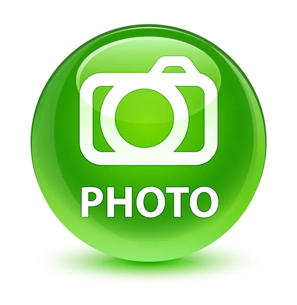 Photo (camera icon) glassy green round button — Stock Photo, Image