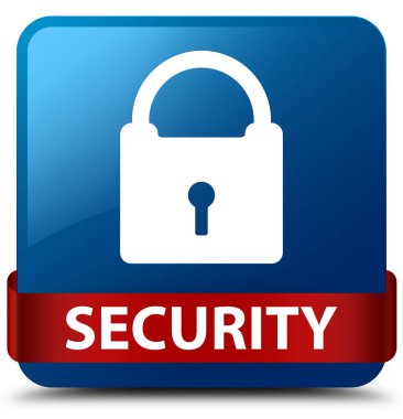 Güvenlik (asma kilit simgesi) mavi kare düğme kırmızı kurdele orta