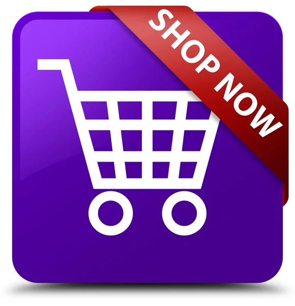 Shop now purple square button red ribbon in corner — Stock Photo, Image