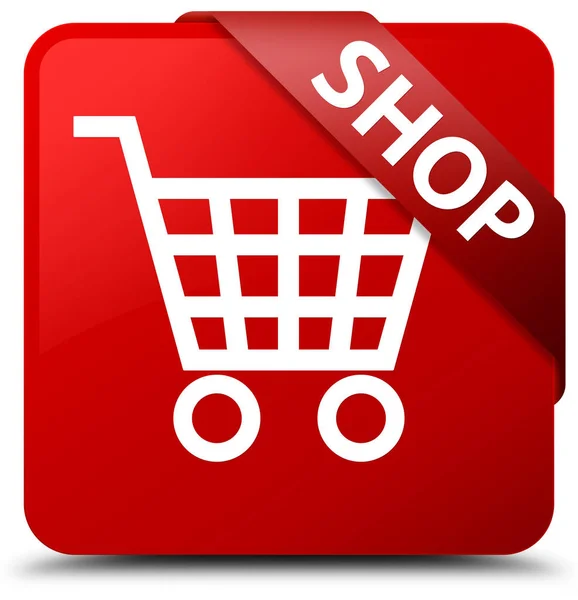 Shop roter quadratischer Knopf rotes Band in der Ecke — Stockfoto