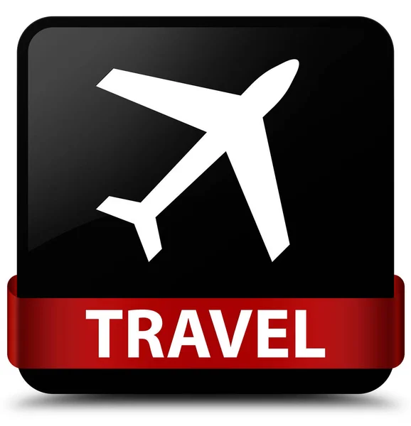 중간에 여행 (비행기 아이콘) 검은 사각형 버튼 레드 리본 — 스톡 사진