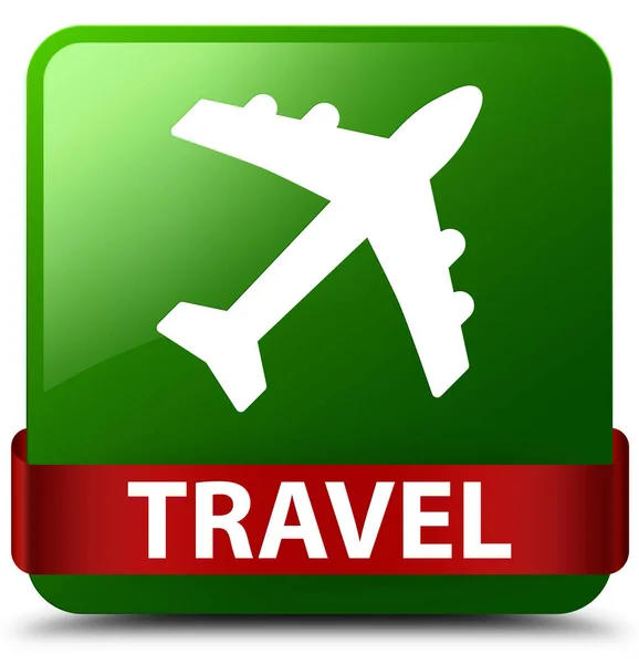 Travel (plane icon) green square button red ribbon in middle — Stock Photo, Image
