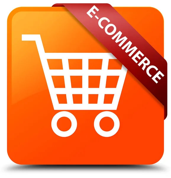 E-commerce pomarańczowy kwadrat przycisk czerwoną wstążką w rogu — Zdjęcie stockowe