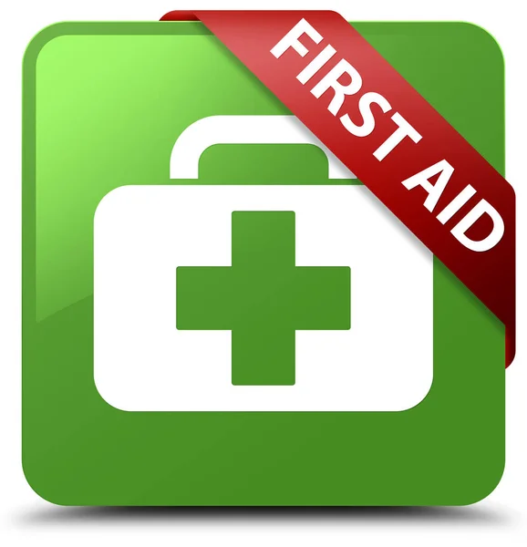 First aid soft green square button red ribbon in corner — Stock Photo, Image