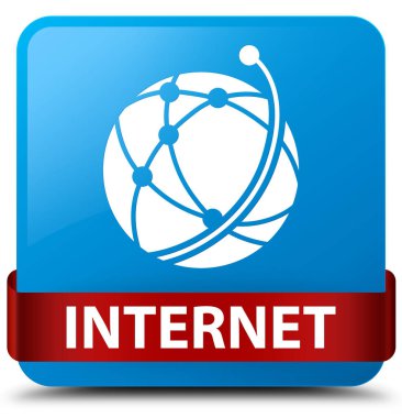 Internet (küresel ağ simgesini) camgöbeği mavi kare düğme kırmızı ribbo