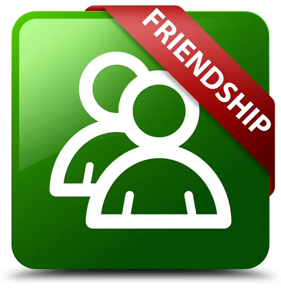 Przyjaźni (grupa ikona) zielony przycisk kwadratowy czerwoną wstążką w rogu — Zdjęcie stockowe