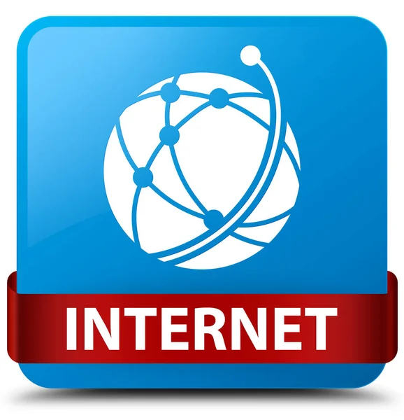 Internet (global network icon) cyan blue square button red ribbo — Stock Photo, Image