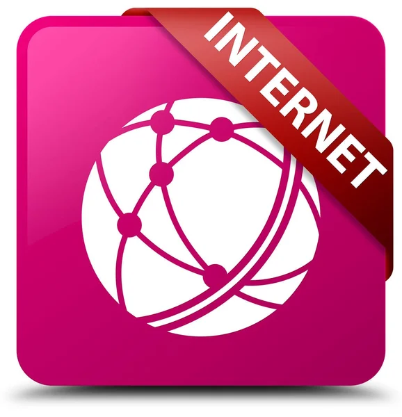 インターネット (グローバル ネットワーク アイコン) ピンクの正方形ボタン赤いリボンで — ストック写真