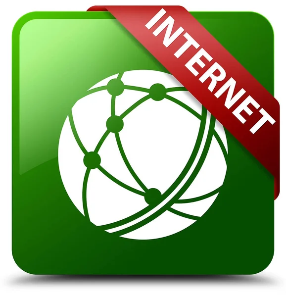 Internet (global network icon) green square button red ribbon in — Stock Photo, Image