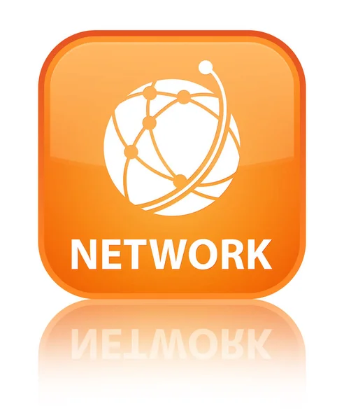 Speciální oranžové čtvercové tlačítko síť (globální sítě ikona) — Stock fotografie
