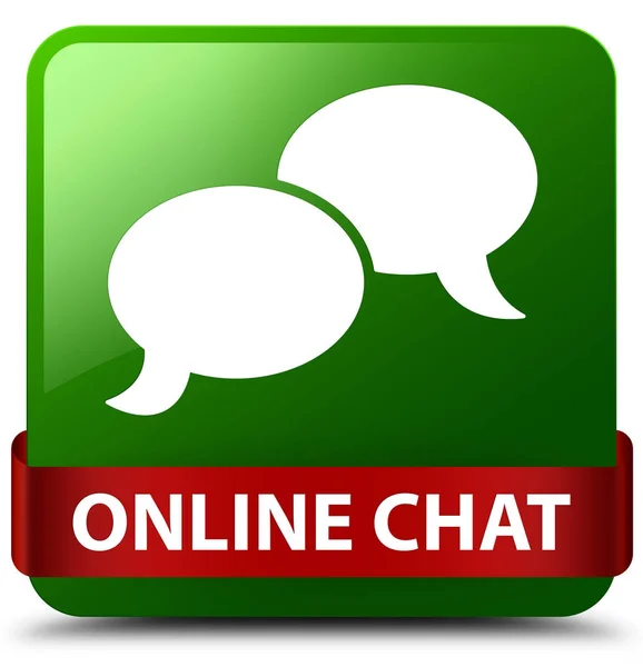 On-line chat zelené čtvercové tlačítko červenou stuhou uprostřed — Stock fotografie