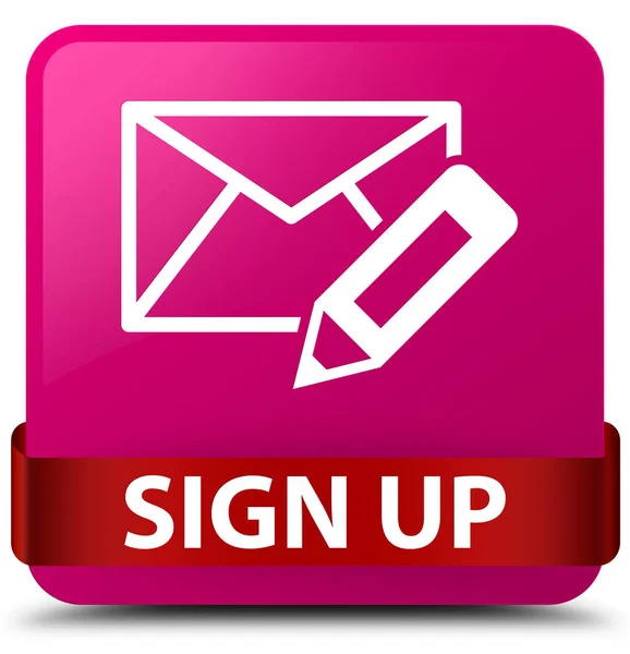 Sign up (edit mail icon) pink square button red ribbon in middle — Stock Photo, Image