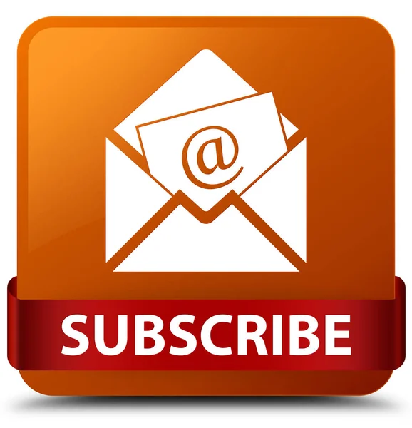 Inschrijven (nieuwsbrief e-mailpictogram) bruine vierkante knop rood lint — Stockfoto