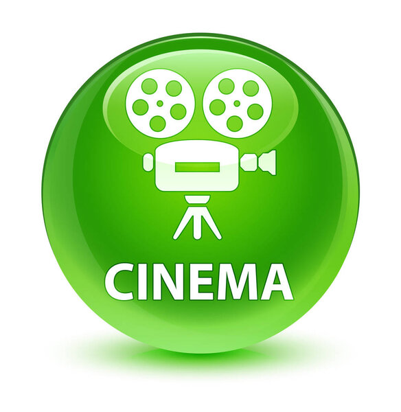 Cinema (video camera icon) isolated on glassy green round button abstract illustration
