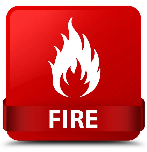 Plac czerwony przycisk czerwoną wstążką w środku ogień — Zdjęcie stockowe