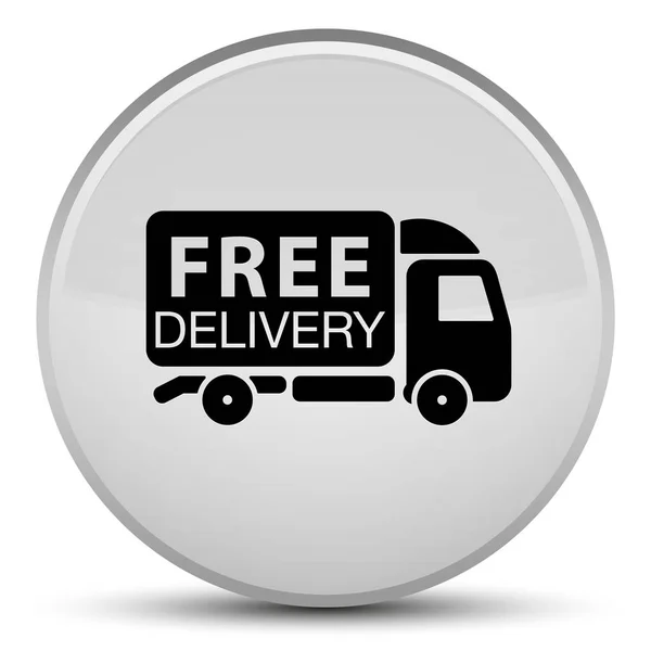 Ücretsiz teslimat kamyonu kutsal kişilerin resmi özel beyaz yuvarlak düğme — Stok fotoğraf