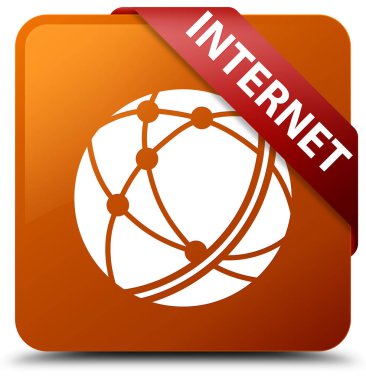 Internet (küresel ağ simgesini) kahverengi kare düğme kırmızı kurdele