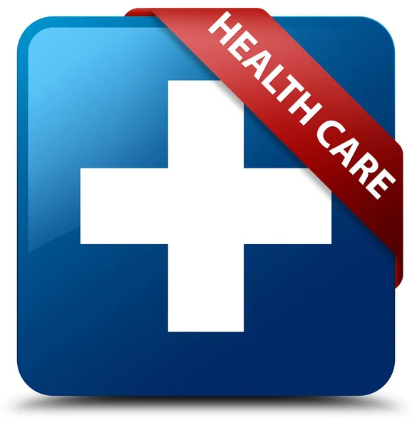 Cuidados de saúde (sinal mais) azul quadrado botão fita vermelha no canto — Fotografia de Stock