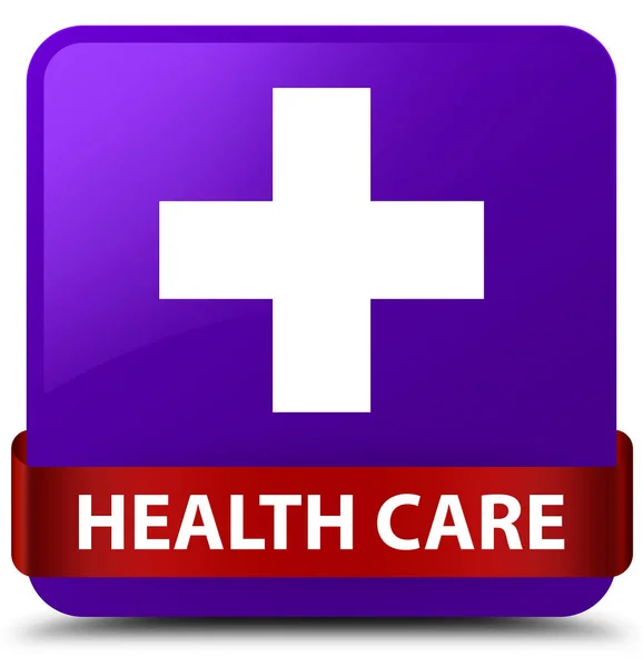 Health care (plus sign) purple square button red ribbon in middl — Stock Photo, Image