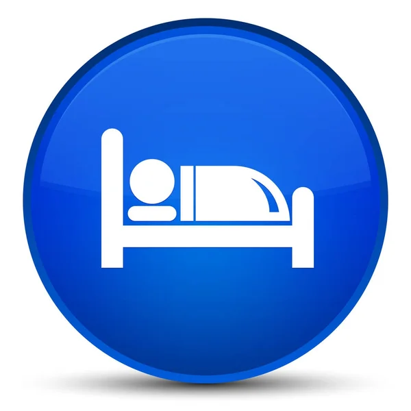 ホテルのベッドのアイコンの特別な青い丸いボタン — ストック写真