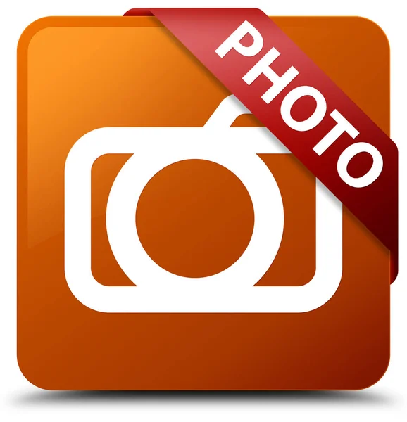 Foto (ícone da câmera) marrom quadrado botão fita vermelha no canto — Fotografia de Stock