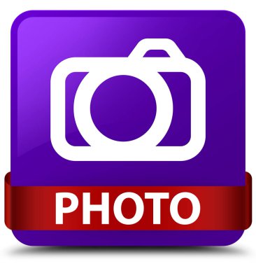 Fotoğraf (kamera simgesi) mor kare düğme kırmızı kurdele orta