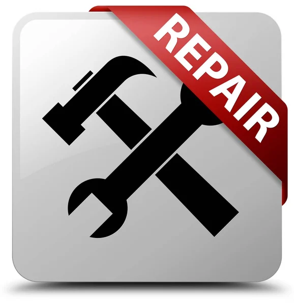 Reparatie (extra pictogram) witte vierkante knop rood lint in hoek — Stockfoto