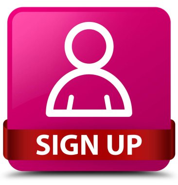 (Üye simgesi) pembe kare düğme kırmızı kurdele orta kaydolmak