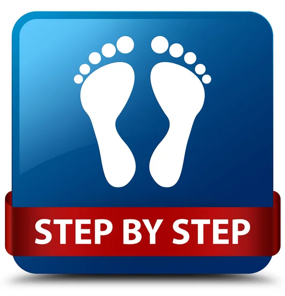 Step by step (footprint icon) blue square button red ribbon in m — Stock Photo, Image