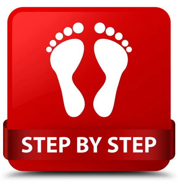 Step by step (footprint icon) red square button red ribbon in mi — Stock Photo, Image