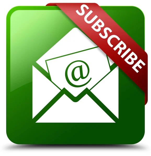 Subscribe (newsletter email icon) green square button red ribbon — Stock Photo, Image