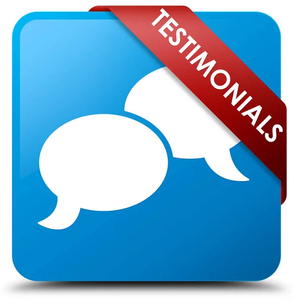 Testimonials (chat icon) cyan blue square button red ribbon in c — Stock Photo, Image