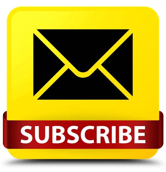Subscribe (email icon) yellow square button red ribbon in middle — Stock Photo, Image