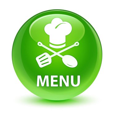 Menü (Restoran simgesi) cam gibi yeşil yuvarlak düğmesi