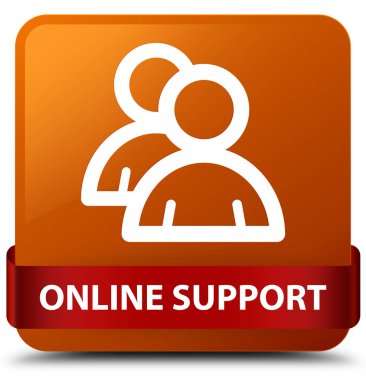 Çevrimiçi destek (grup simgesi) kahverengi kare düğme kırmızı kurdele mi