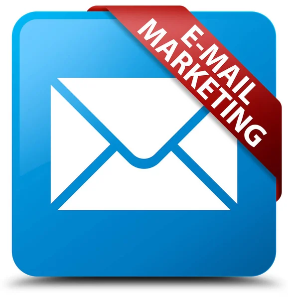 E-mail marketing cyan niebieski przycisk kwadratowy czerwoną wstążką w rogu — Zdjęcie stockowe