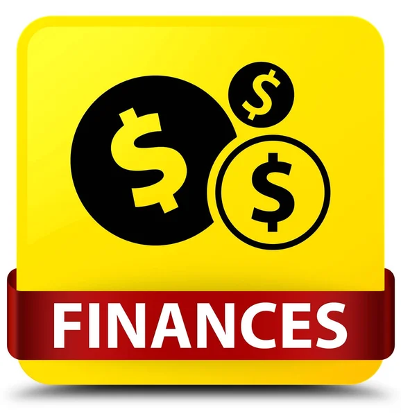 Finances (signe dollar) bouton carré jaune ruban rouge au milieu — Photo