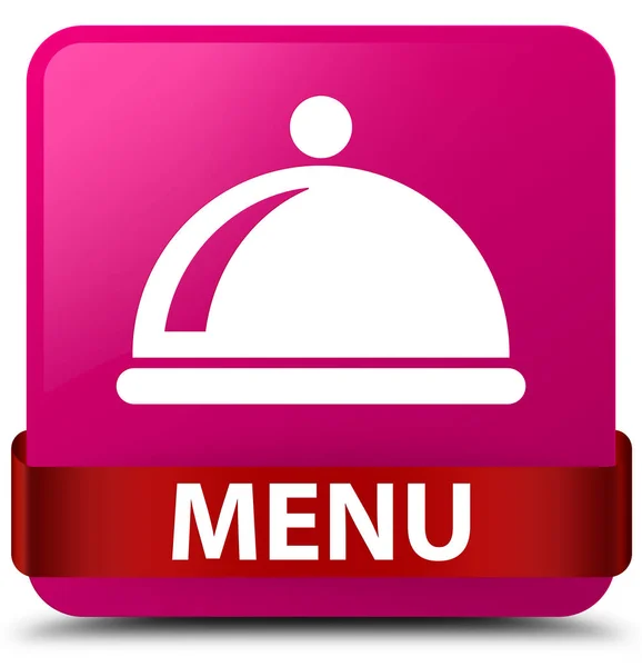 Menu (icona piatto alimentare) rosa pulsante quadrato nastro rosso al centro — Foto Stock