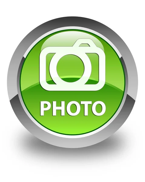 Foto (icono de la cámara) botón redondo verde brillante —  Fotos de Stock