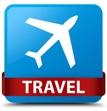 Seyahat (uçak simgesi) camgöbeği mavi kare düğme kırmızı kurdele orta