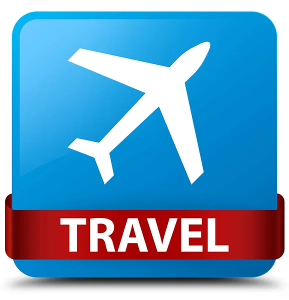 Travel (plane icon) cyan blue square button red ribbon in middle — Stock Photo, Image